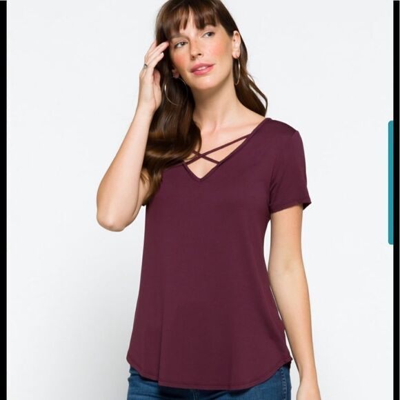 EMORY Park Dulce dark purple short sleeved knit top, size S - Picture 1 of 10